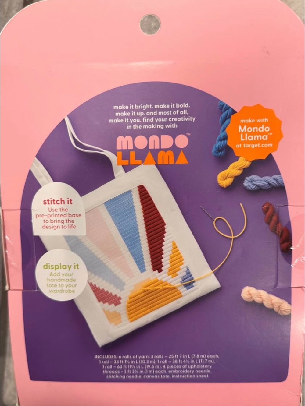 Mondo Llama Sunburst Embroidery Tote Kit - Pink, Purple, Blue, Yellow